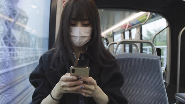 年轻女子在乘坐地铁时使用智能手机视频下载