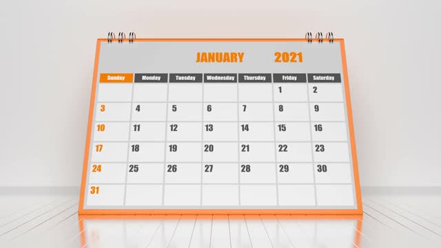飞行页日历2021与橙色框架上的白色背景视频素材