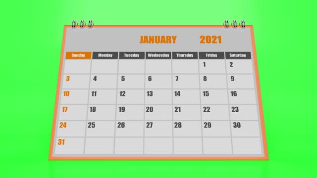 飞行页日历2021与橙色框架在绿色背景视频素材