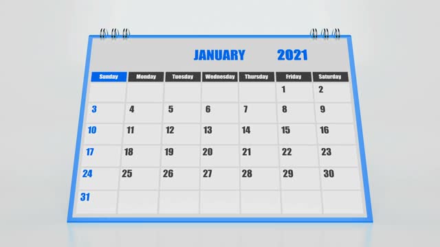 飞行页日历2021与蓝色框架在白色的背景视频素材