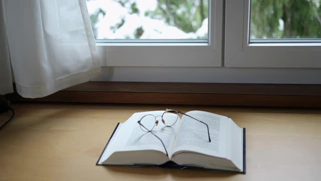 从一副放在一本打开的书上的眼镜开始，镜头平稳移动，然后移动到窗外被雪覆盖的树木。视频下载