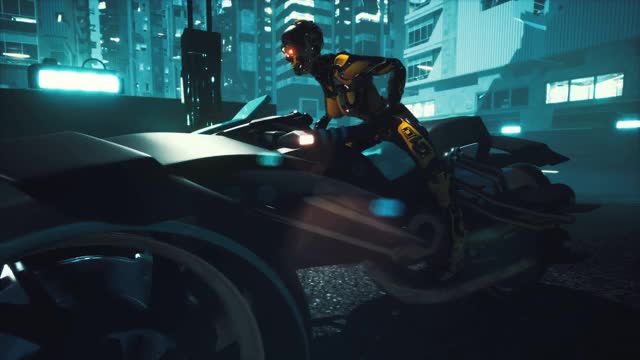 电子人在霓虹网络城市的夜晚街道上追着一个骑摩托车的女孩。动画小说，网络和科幻背景。未来虚构城市的景象。视频素材