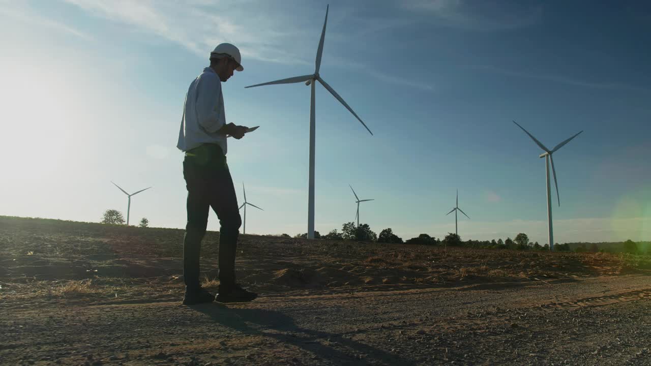 在风力发电厂工作的年轻男工程师的剪影日落，检查风力发电厂的能源生产。可再生能源工厂的概念。视频素材