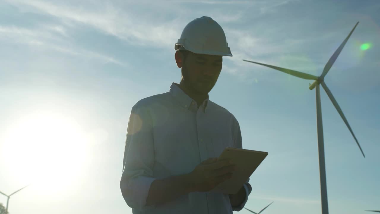 在风力发电厂工作的年轻男工程师的剪影日落，检查风力发电厂的能源生产。可再生能源工厂的概念。视频素材