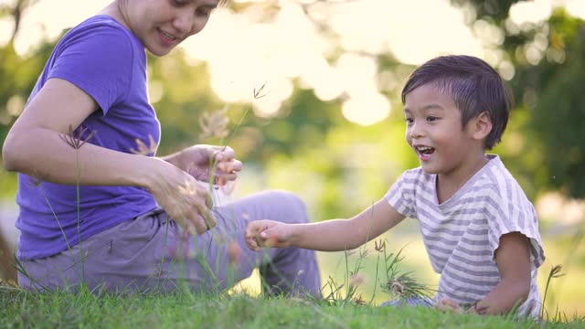 亚洲母亲和儿子在公园，户外与草和花一起玩。视频素材