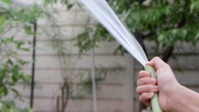 4K，女孩手握浇水软管和浇水树在花园视频素材