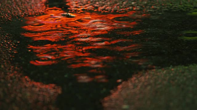 彩色的倒影和雨点在水坑在晚上的人行道上视频下载