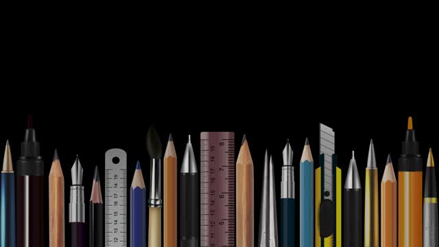 木铅笔、笔、尺、圆规、毛笔、钢笔、抽象概念形象、当代艺术、聪明的想法、观点、解决方案、哲学、返校视频下载