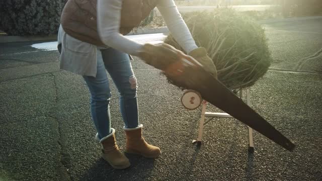 成熟的成年女性切割圣诞树树干4K系列视频视频素材