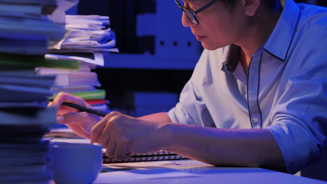 57岁的亚洲老年男性工作过度，感到疲劳不适，在办公桌上工作到深夜。在家工作的概念。视频下载