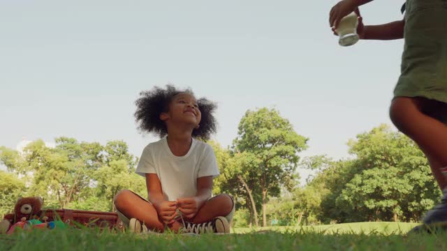 可爱的黑人小男孩顶着爆炸头给黑人女孩一杯牛奶，在阳光下的公园里享受野餐的日子。十几岁的妹妹坐着放松，从弟弟那里得到健康的饮料。有两个孩子的家庭观念，生活简单。视频下载
