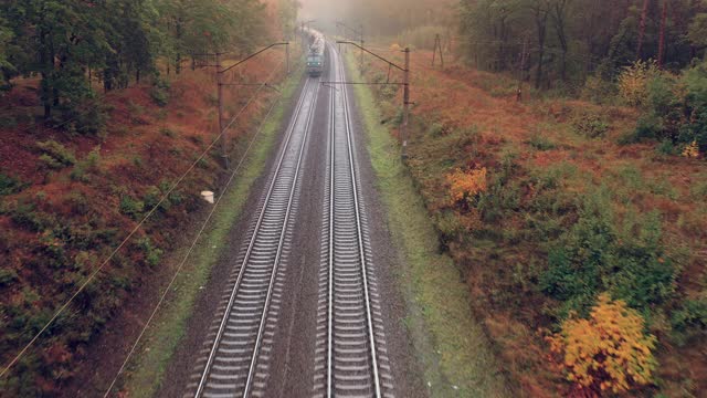 一列货运火车穿过秋天的森林视频下载