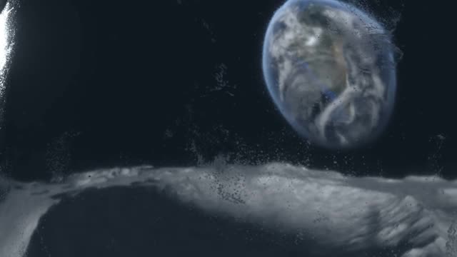 一名宇航员站在月球表面的环形山之间，以地球为背景。地球反射在宇航服头盔的玻璃上。超逼真3d动画视频素材