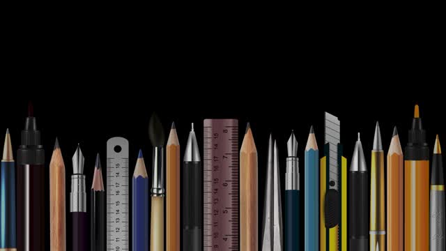 木铅笔、笔、尺、圆规、毛笔、钢笔、抽象概念形象、当代艺术、聪明的想法、观点、解决方案、哲学、返校视频下载