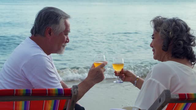 一对上了年纪的亚洲夫妇愉快地坐在海边的沙滩上喝酒视频下载