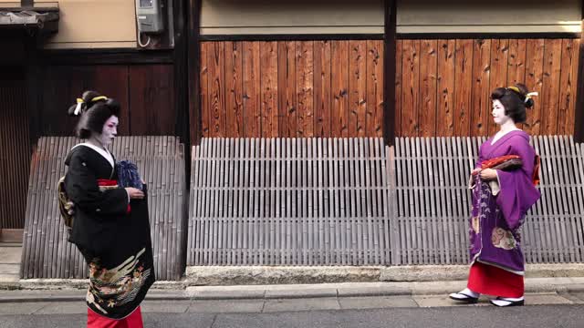两名艺妓一起走在京都祗园的街道上视频下载