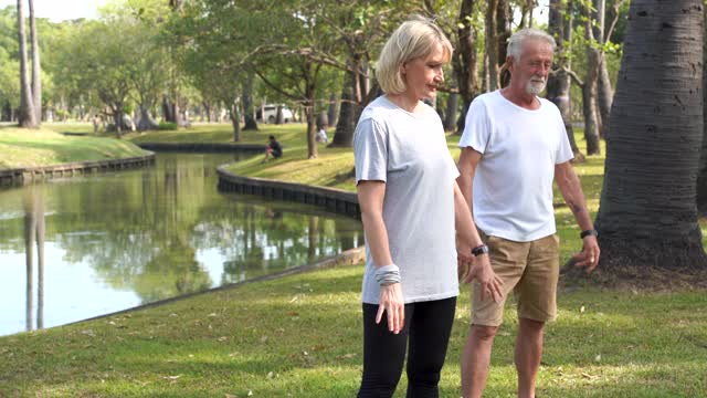 一对老年夫妇在公园里一起练瑜伽视频下载