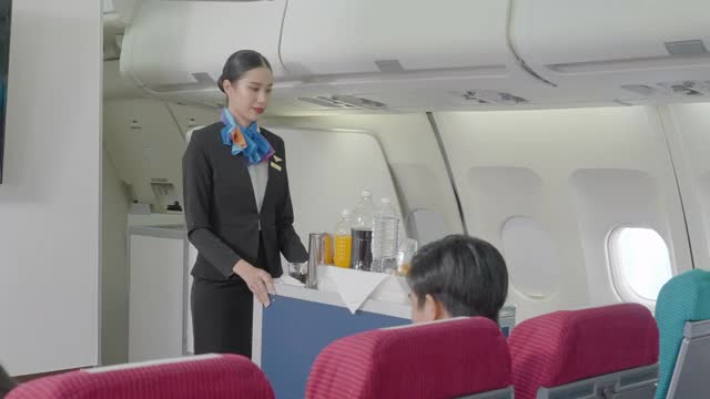 空中小姐在飞机上为乘客提供食物和饮料。视频下载