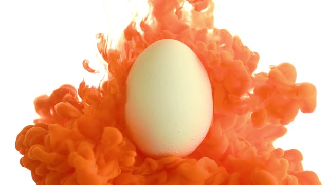 运动中的彩色流体。橙色的颜料倒在一个白色的鸡蛋上。孤立在白色背景上。视频下载