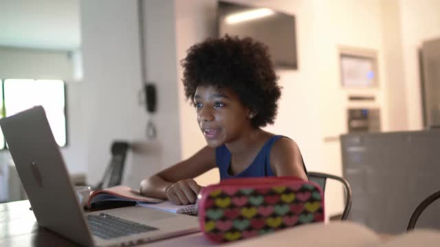 少女在家用笔记本电脑看视频课视频素材