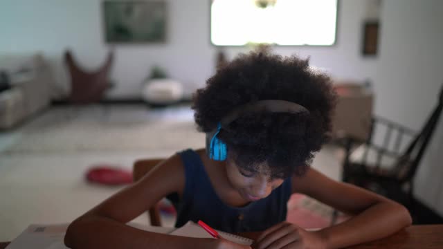 少女在家庭教育期间做视频电话-网络摄像头的观点视频素材