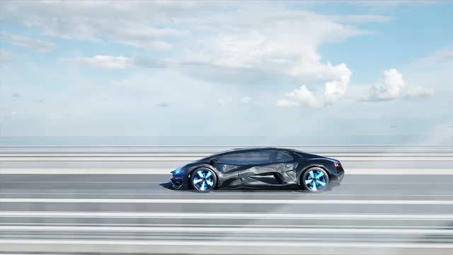 桥上黑色未来汽车的3d模型。开车非常快。未来的概念。现实的4 k的动画。视频下载