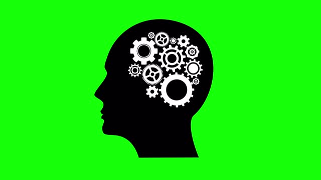 绿色屏幕，人类智能或创造力，在一个剪影的头部转动的齿轮，大脑力学，当代艺术描绘有一个聪明的想法，观点，解决方案，哲学，概念，心灵，思想，猜测，感知视频素材