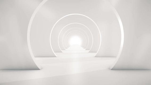 穿越未来的白色隧道。抽象的3 d动画。照明廊道、室内设计、宇宙飞船、科学、实验室、技术、科学、建筑、工业的概念视频素材