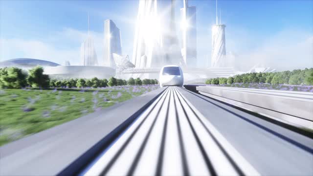 未来科幻单轨火车。未来的概念。未来的城市背景。草地。4 k现实的动画。视频下载