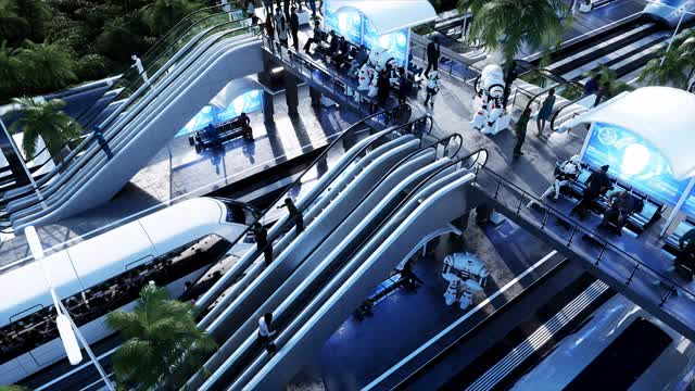 科幻铁路未来的车站。未来的概念。Dinamyc树。人和机器人交通。鸟瞰图逼真的4k动画视频下载