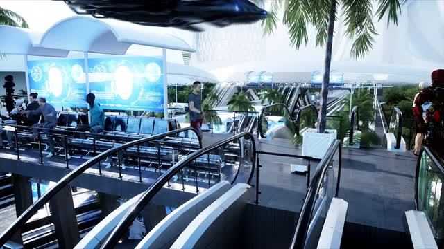 科幻铁路未来的车站。未来的概念。Dinamyc树。人和机器人交通。鸟瞰图逼真的4k动画视频下载