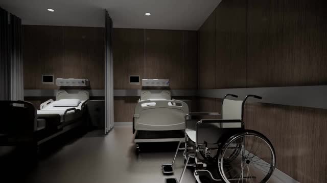 3D渲染内部。医院里孤立的空床，近距离拍摄病房里的废弃床。有医疗设备和医疗设备的黑暗恢复室。视频下载