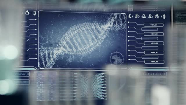 未来实验室设备- DNA研究。DNA螺旋变成粒子视频素材