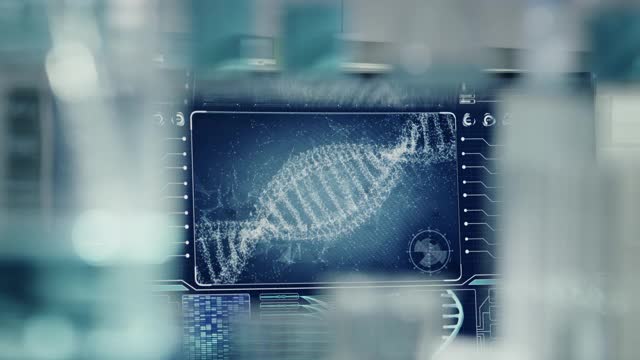未来实验室设备- DNA研究。DNA螺旋变成粒子视频素材