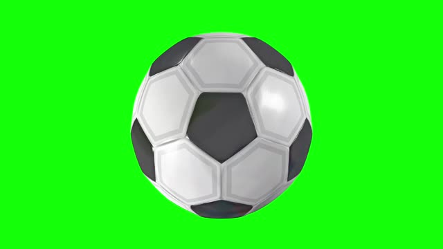 无缝循环的足球在黑色和白色与皮革纹理旋转360度的绿色背景。三维动画视频素材