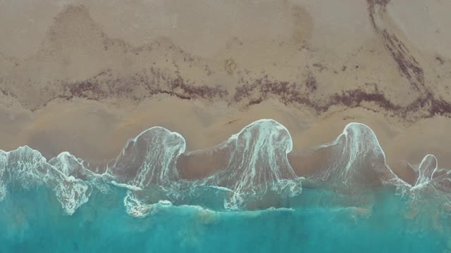 壮观的大海鸟瞰图与海浪和一个人在海岸遛狗视频下载
