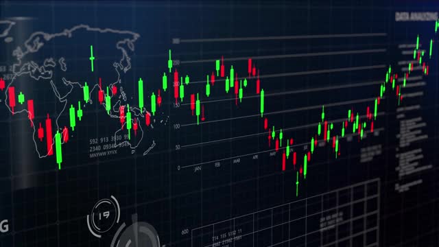 3D未来金融证券交易所行情图电脑屏幕牛市行情上涨线形和条形图采用计算机编码人工智能技术自动交易，人工智能交易。视频素材