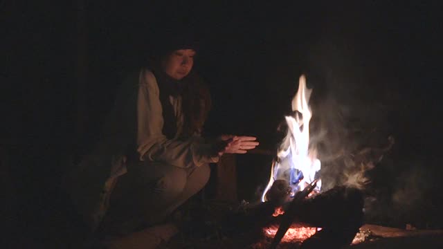 冬天在篝火上暖手的女人视频素材