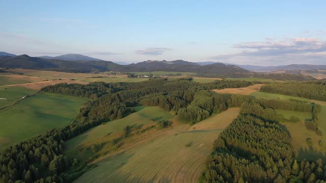低空无人机拍摄低塔特拉山脉下的草地和森林视频素材