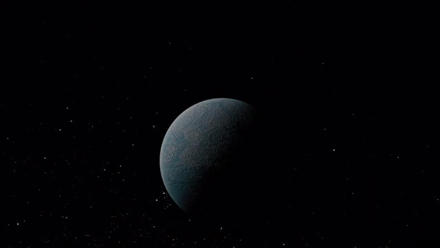 Blue Alien Planet Flyby Stock Footage. 4K 3D渲染不明的暗蓝色岩石行星温和地旋转在黑暗的黑色空间许多恒星。穿越星场和大球体。视频下载