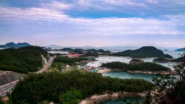从韩国全拉岛的京山岛的京山岛的贤友岛大桥和文耀岛风景视频下载