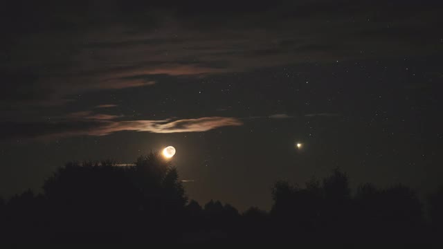 月亮升起的时间在夜空中云间的田野上流逝视频素材