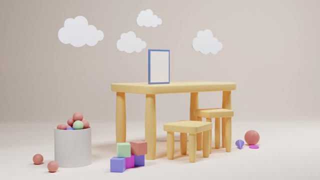 时髦的孩子的房间，篮子的玩具，黄色的书桌和椅子。现代室内柔和的背景与云彩和模型的框架，海报。小学或幼儿园动画3d动画视频素材