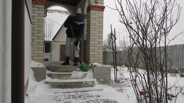 冬天，人们从房子附近的楼梯上扫雪。年轻的雄性正在清理雪灾留下的道路。工人用铁锹铲雪视频素材