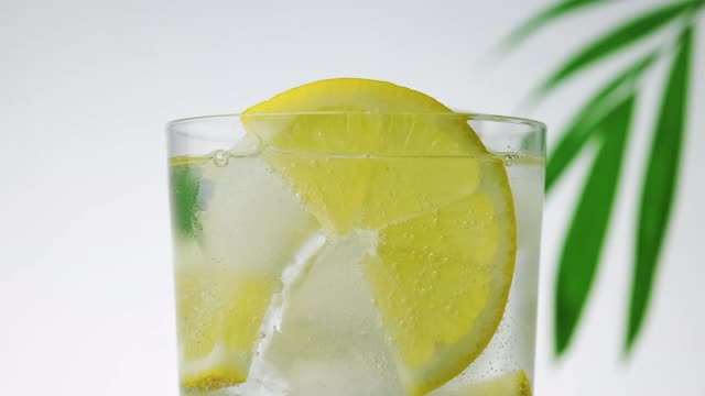 一杯冰水与柠檬片的特写和绿色的棕榈叶在背景视频下载