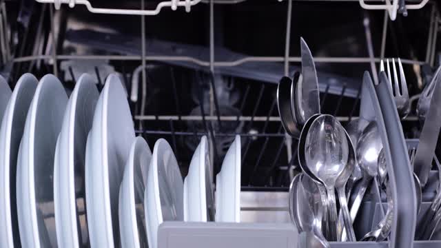 盘子放在洗碗机里，厨房里视频素材