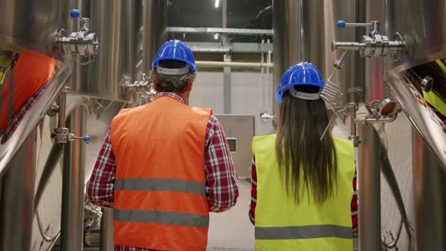 在啤酒厂的生产过程中，一组员工在检查啤酒罐视频下载