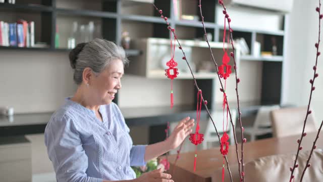 春节时，爷爷奶奶用柳条装饰房子，为家人团聚做准备视频素材
