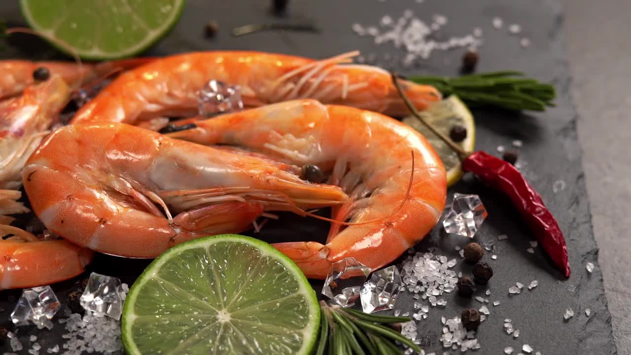 鲜虾与柠檬，酸橙，辣椒，盐和迷迭香放在黑石板上。冰里的生虾。海鲜的背景视频下载