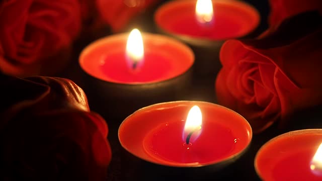 红玫瑰和燃烧的蜡烛，特写，浪漫的贺卡。情人节的概念视频素材